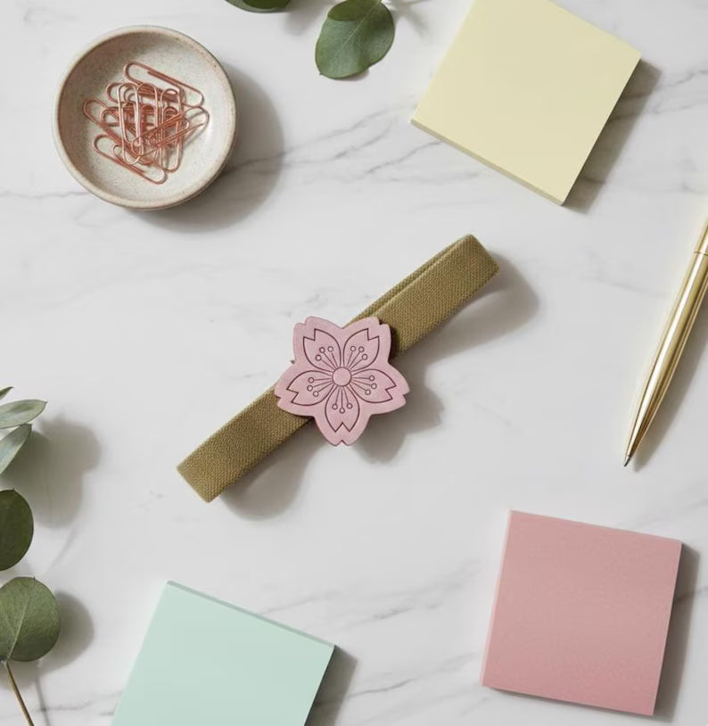 Handmade Cherry Blossom Leather Planner Band & Floral Charm | Elastic Journal Strap for Planner