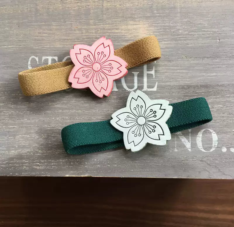 Handmade Cherry Blossom Leather Planner Band & Floral Charm | Elastic Journal Strap for Planner