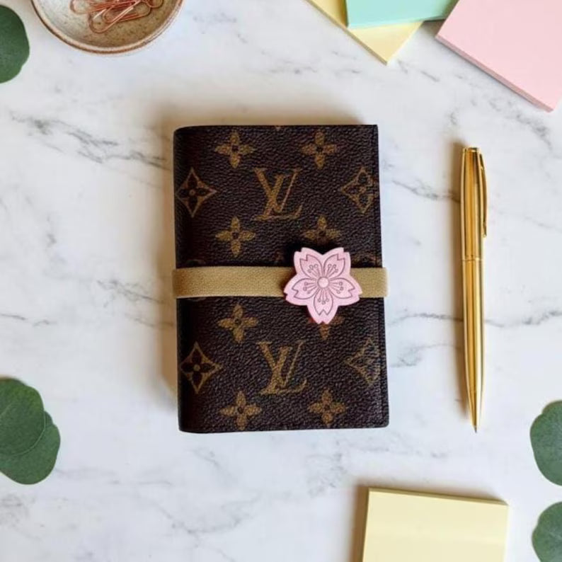 Handmade Cherry Blossom Leather Planner Band & Floral Charm | Elastic Journal Strap for Planner