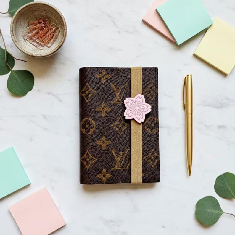 Handmade Cherry Blossom Leather Planner Band & Floral Charm | Elastic Journal Strap for Planner